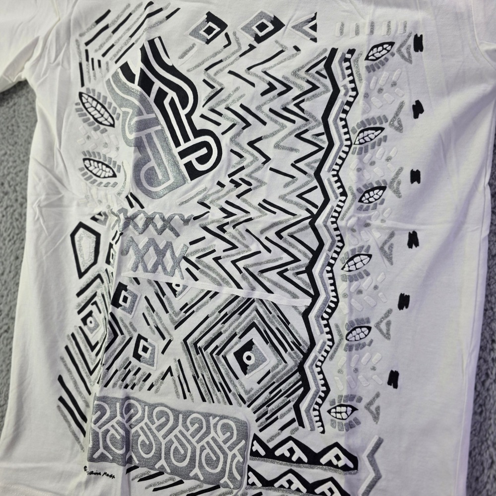 Cristina MAXX White Graphic T-Shirt Handcrafted Silver Glitter USA Made Small - Picture 2 of 13